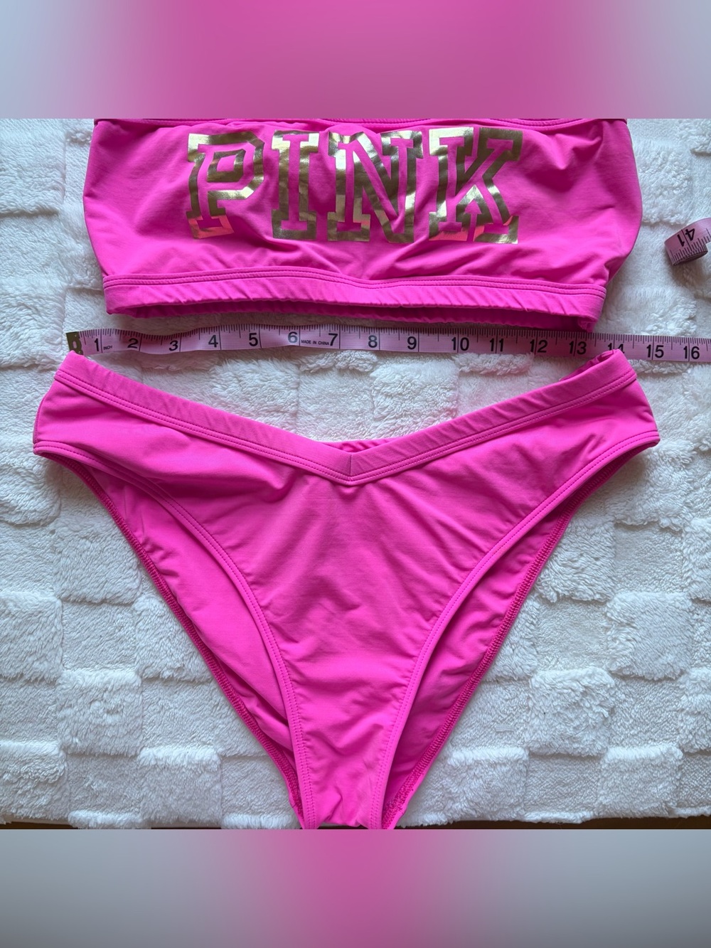 PINK Victoria's Secret Neon Pink Bandeau Bikini with Gold Logo